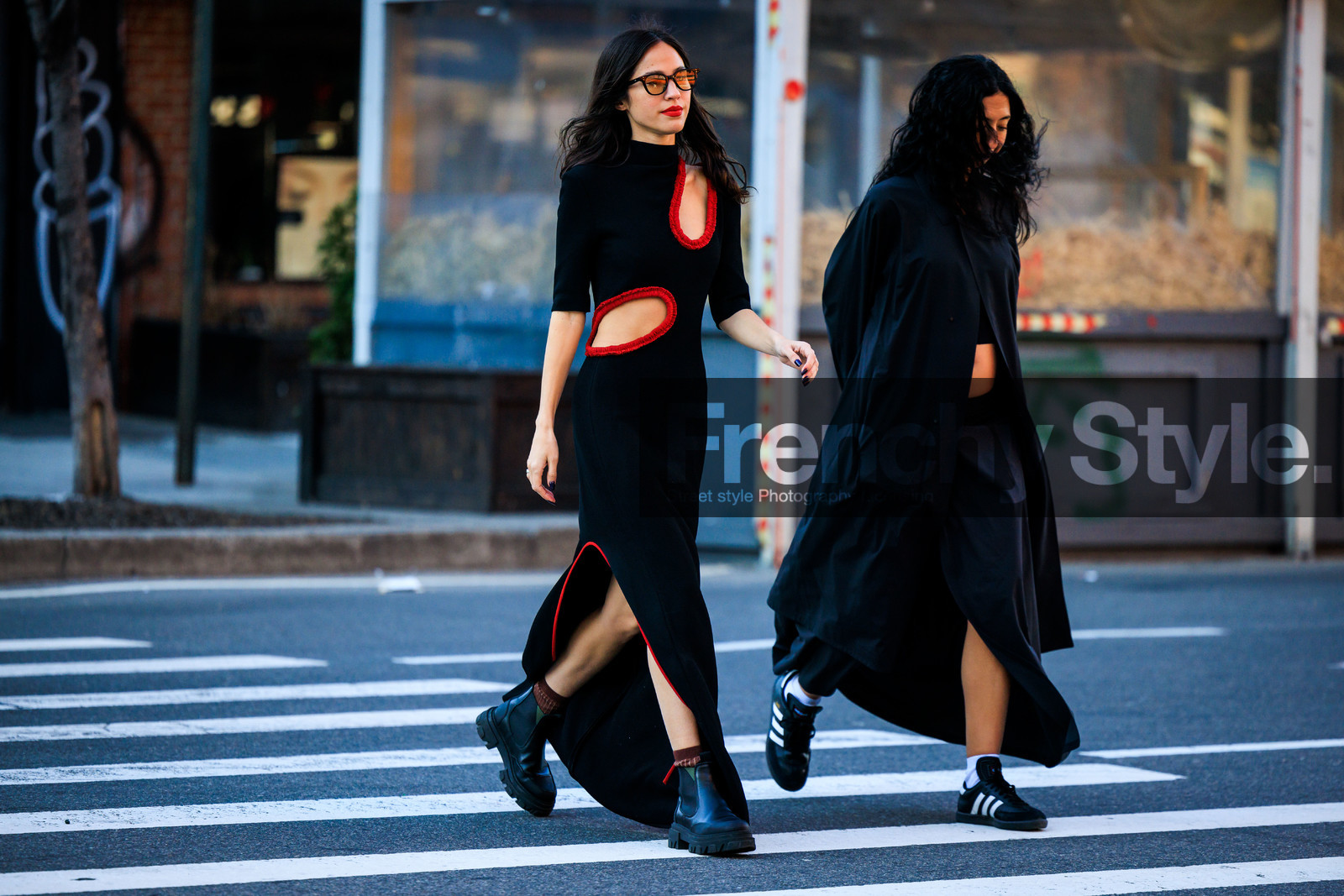 full black look, black and red cut out long dress, black leather bottines, adidas sneakers, black long skirt, black long shirt, sunglasses, fashion week, frenchystyle, FW, jonathan paciullo, street style, NYFW, NEW YORK, AUTUMN WINTER 2022-2023, FALL WINTER 2022_2023, FW 22-23, atmosphere details, horizontal, full length