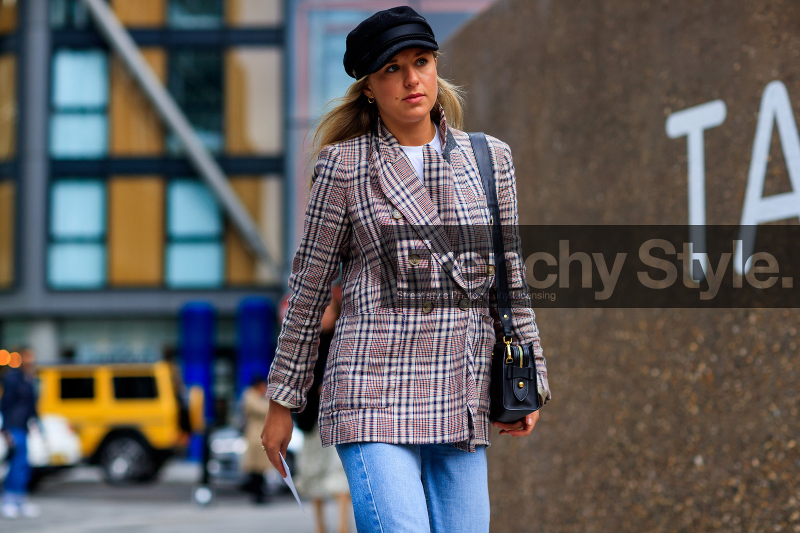 atmosphere details, black bag, black cap, blazer, blue denim, checked jacket, denim pants, detail, fashion week, frenchystyle, FW, graphic jacket, horizontal, jeans, jonathan paciullo, leather bag, LFW, LONDON, plaid, printed jacket, SPRING SUMMER 2018, SS 18, street style, trousers