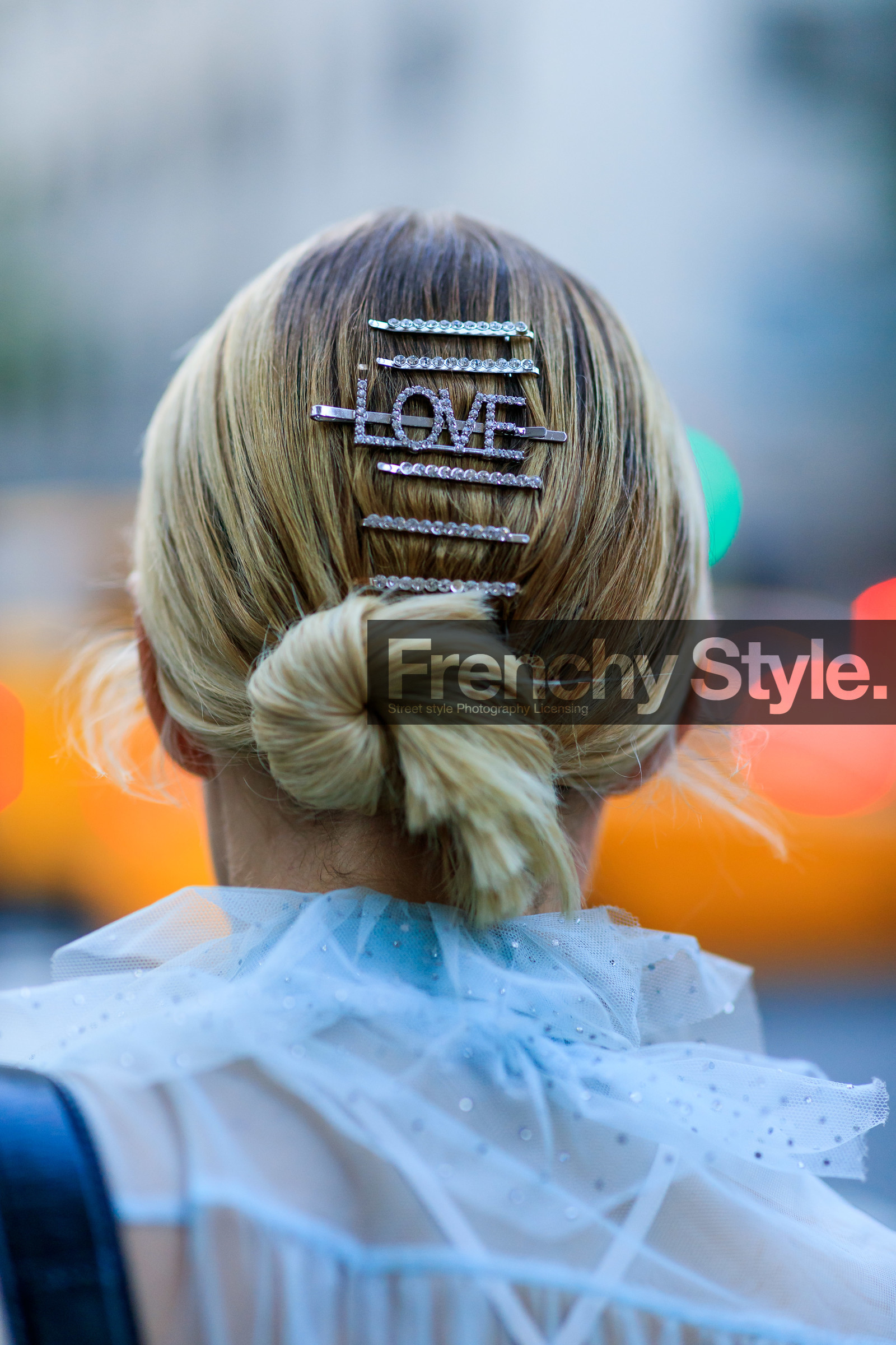 blue shirt, bow collar, bun, hair clip, hair jewels, leonie hanne, ruffles, see through, white blouse, white tank top, street style, jonathan paciullo, FW, frenchystyle, fashion week, NEW YORK, NYFW, SPRING SUMMER 2020, SS 20, vertical, detail, atmosphere details