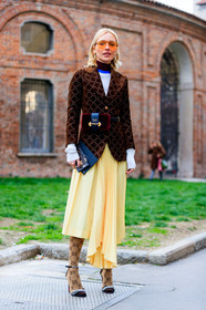 bordeaux, brown jacket, burgundy, checked, fanny pack, graphic jacket, high heels, leather bag, leather shoes, plaid, pleated skirt, prada, printed jacket, red bag, sunglasses, tights, turtleneck sweater, velvet, white sweater, yellow skirt, fashion week, frenchystyle, FW, jonathan paciullo, street style, MFW, MILAN, AUTUMN WINTER 2018-2019, FALL WINTER 2018-2019, FW 18-19, vertical, full length, viktoria rader