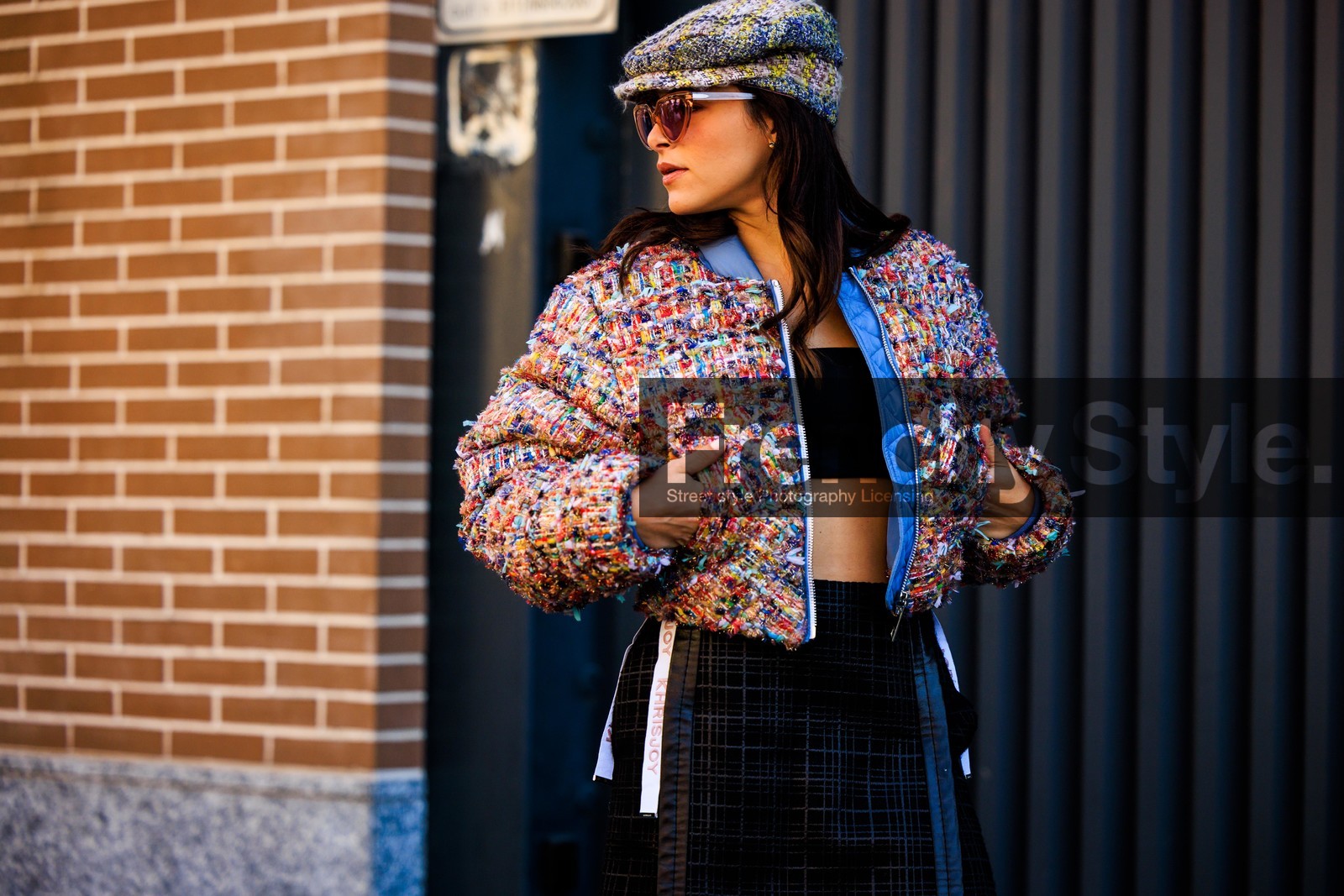 tweed look, red sunglasses, tweed hat, black cropped top, multicolor jacket, multicolor tweed, plaid pants, black pants, fashion week, frenchystyle, FW, jonathan paciullo, street style, MFW, MILAN, FALL WINTER 2022_2023, AUTUMN WINTER 2022-2023, FW 22-23, horizontal, atmosphere details