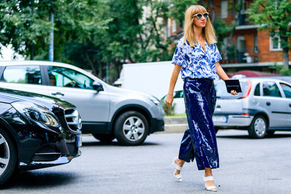 atmosphere details, blue pants, blue shirt, christina paik, fashion week, floral, flower, frenchystyle, full length, FW, glitter, high heels, horizontal, jonathan paciullo, leather shoes, lisa aiken, MFW, MILAN, printed shirt, sequined pants, shiny pants, SPRING SUMMER 2017, SS 17, street style, sunglasses, trousers, white shoes