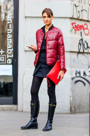 AUTUMN WINTER 2017-2018, AW 17-18, black boots, black shoes, black skirt, down jacket, FALL WINTER 2017-2018, fashion week, frenchystyle, full length, FW, FW 17-18, gucci, high boots, jonathan paciullo, leather bag, leather shoes, MFW, MILAN, model, red bag, red jacket, street style, vertical
