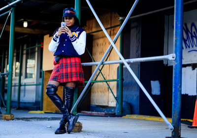 american, black cap, black shoes, checked, graphic jacket, graphic skirt, high boots, leather shoes, plaid, pleated skirt, printed jacket, printed skirt, red skirt, tartan, teddy jacket, street style, jonathan paciullo, FW, frenchystyle, fashion week, NYFW, NEW YORK, AUTUMN WINTER 2018-2019, AW 18-19, FALL WINTER 2018-2019, FW 18-19, atmosphere details, horizontal, full length, jan-michael quammie