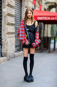 AUTUMN WINTER 2017-2018, AW 17-18, black bag, black belt, black shoes, black shorts, black socks, black tank top, checked shirt, choker, FALL WINTER 2017-2018, fashion week, frenchystyle, full length, FW, FW 17-18, grace bol, grace elizabeth, graphic jacket, graphic shirt, high heels, high socks, jonathan paciullo, leather bag, leather belt, leather shoes, MFW, MILAN, model, necklace, plaid, printed jacket, printed shirt, red lips, red shirt, street style, vertical