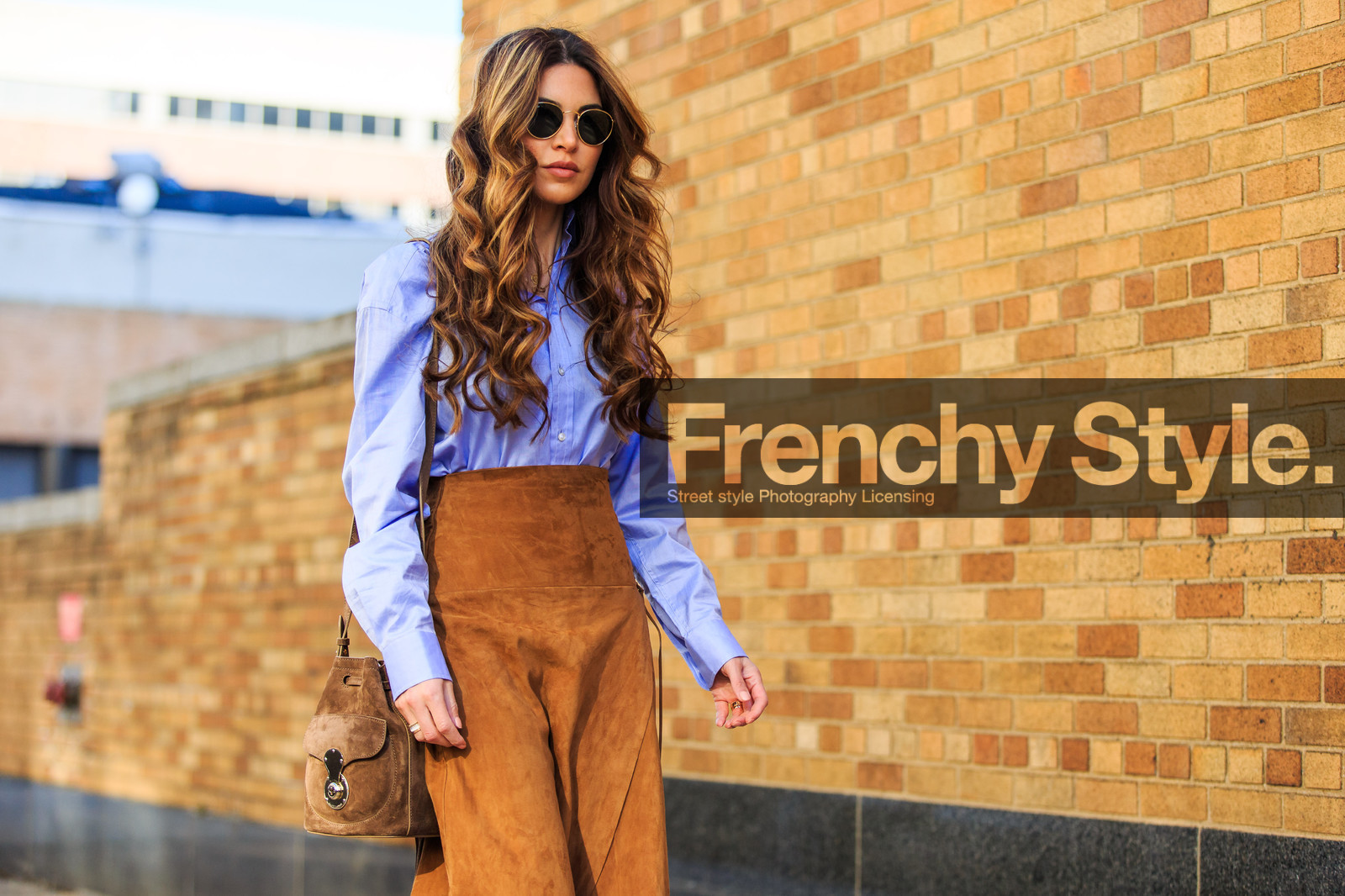 atmosphere details, AUTUMN WINTER 2016-2017, AW 16-17, beige boots, blue shirt, brown bag, brown skirt, curly hair, detail, fashion week, frenchystyle, FW, FW 16-17, high boots, high heels, horizontal, jonathan paciullo, leather bag, leather skirt, long hair, long skirt, negin mirsalehi, NEW YORK, NYFW, street style, suede bag, suede shoes, suede skirt, tucked in, woman