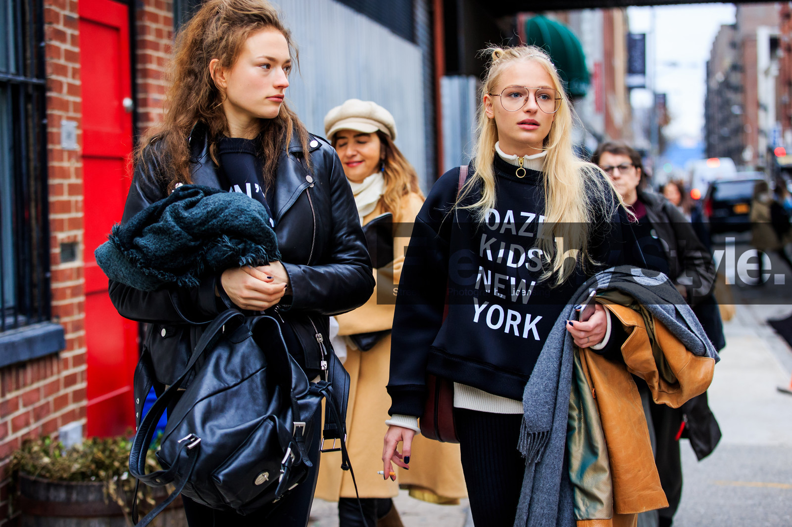 atmosphere details, AUTUMN WINTER 2016-2017, AW 16-17, backpack, black bag, black denim, black jacket, black perfecto, black sweater, camel jacket, denim pants, detail, fashion week, Frederikke Sofie Falbe-Hansen, fredrerikke sofie falbe hansen, frenchystyle, FW, FW 16-17, grey coat, grey scarf, group of people, horizontal, jeans, jonathan paciullo, leather backpack, leather jacket, leather perfecto, message, model, NEW YORK, NYFW, printed sweater, sophia ahrens, street style, trousers, woman