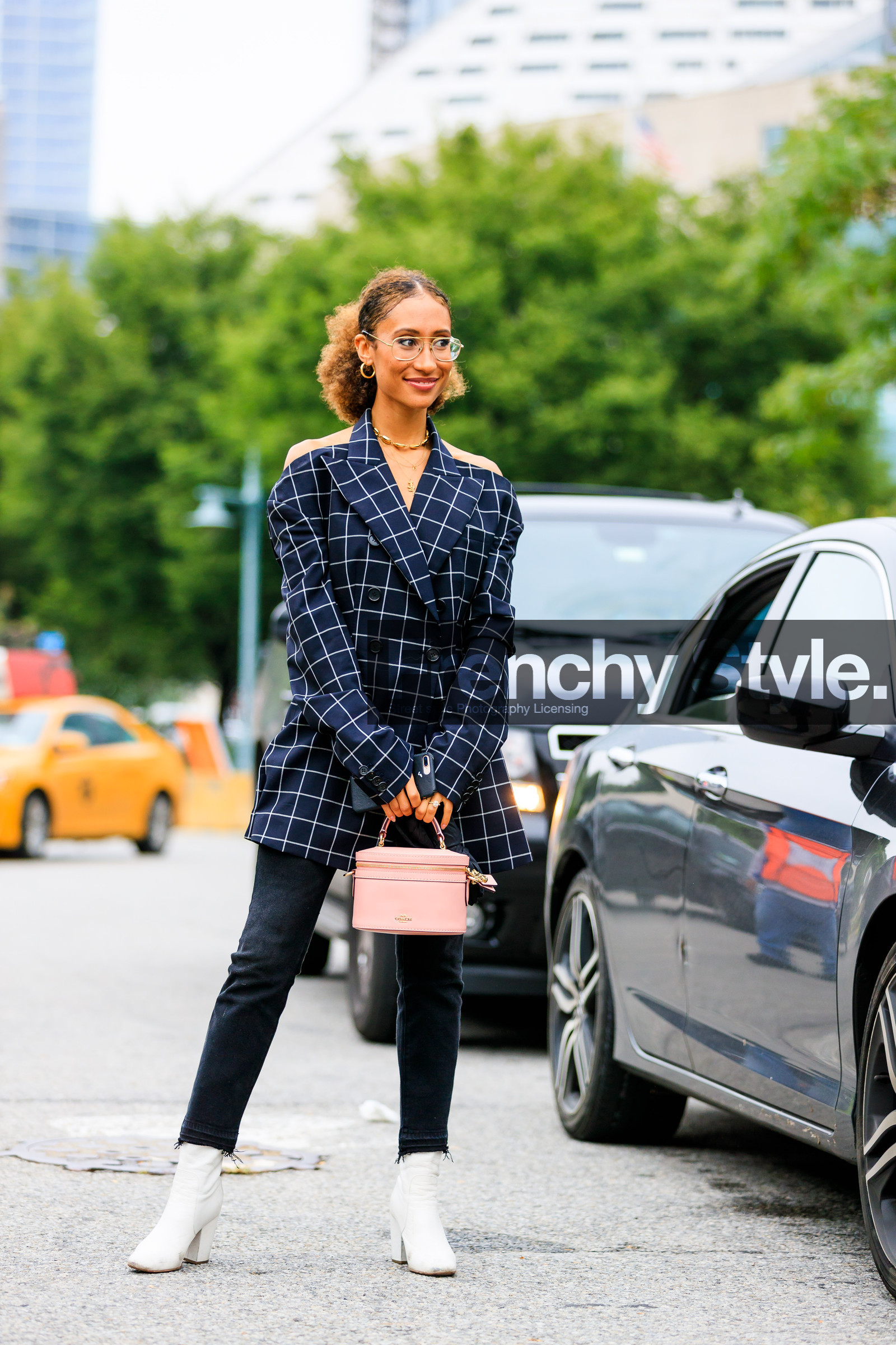 black denim, blazer, blue jacket, checked, coach, denim pants, elaine welteroth, graphic jacket, high heels, jeans, leather bag, leather shoes, necklace, pink bag, plaid, printed jacket, trousers, white boots, street style, jonathan paciullo, FW, frenchystyle, fashion week, NYFW, NEW YORK, SPRING SUMMER 2019, SS 19, vertical, full length