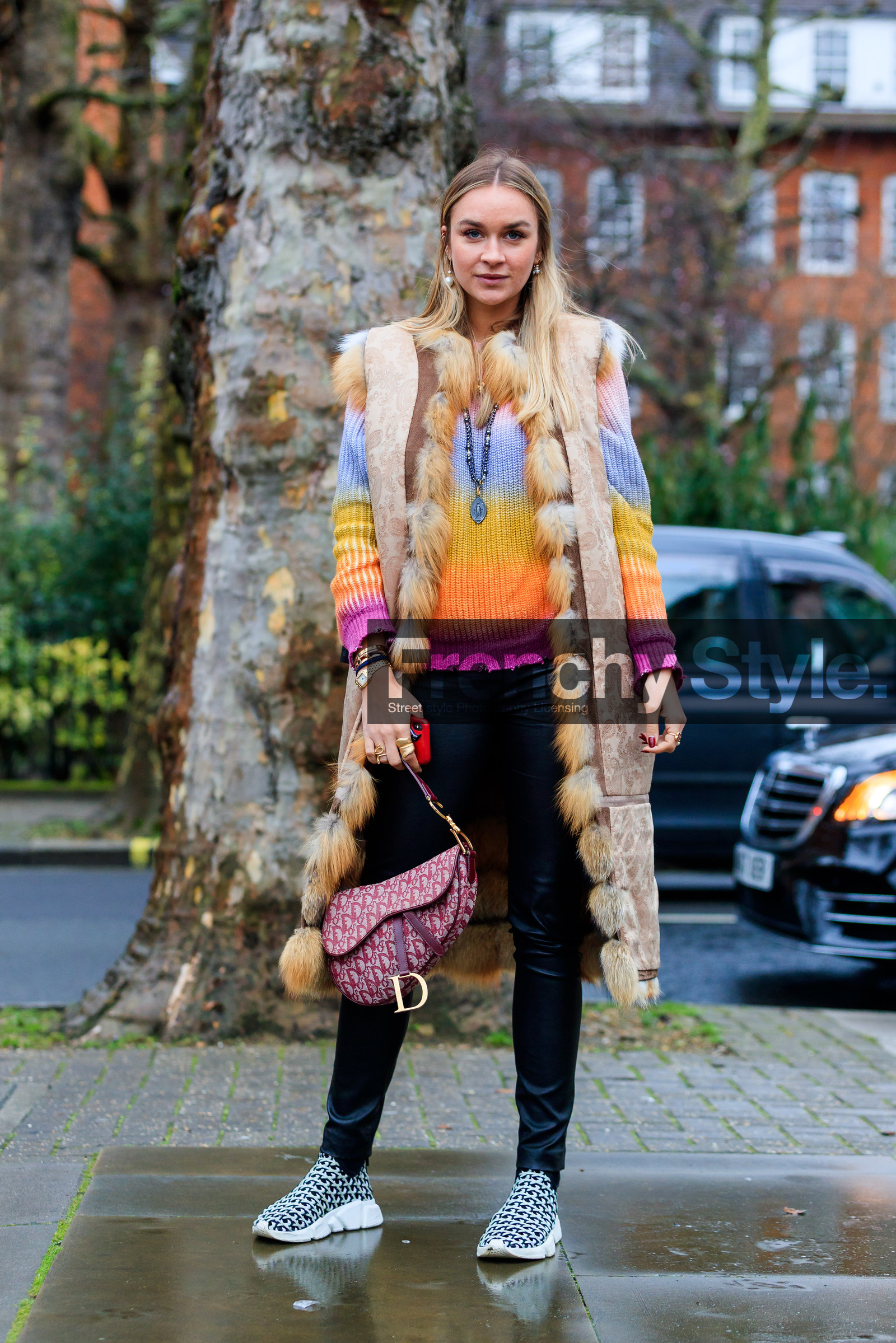 black and white shoes, black pants, christian dior, fur jacket, graphic bag, leather bag, leather shoes, multicolor sweater, natural fur, necklace, printed bag, red bag, sleeveless, tie & die, trousers, street style, jonathan paciullo, FW, frenchystyle, fashion week, LFW, LONDON, AUTUMN WINTER 2018-2019, AW 18-19, FALL WINTER 2018-2019, FW 18-19, vertical, full length, nina suess