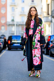 AUTUMN WINTER 2017-2018, AW 17-18, black bag, black denim, black jacket, denim pants, embroidered shoes, erika boldrin, FALL WINTER 2017-2018, fashion week, floral, flower, flowers, frenchystyle, full length, FW, FW 17-18, graphic coat, graphic jacket, jeans, jonathan paciullo, leather bag, leather shoes, MFW, MILAN, multicolor shoes, pink jacket, pink shirt, pink shoes, printed coat, printed jacket, printed shirt, robe, street style, trousers, vertical