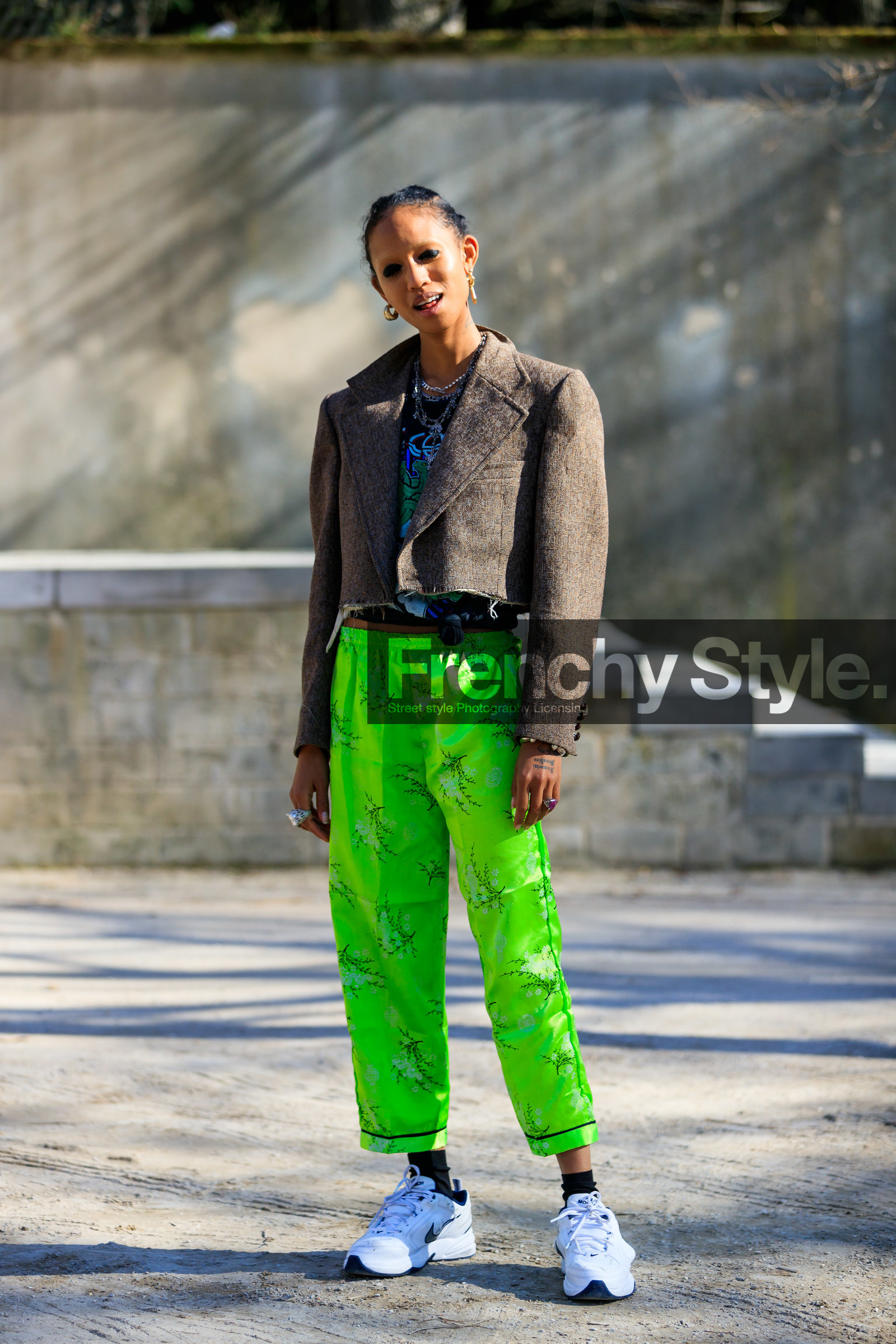 adesuwa, adesuwa aighewi, black t shirt, blazer, brown jacket, earrings, graphic pants, green pants, leather shoes, model, necklace, printed pants, printed t shirt, pulled back hair, trousers, white shoes, fashion week, frenchystyle, FW, jonathan paciullo, street style, PFW, PARIS, AUTUMN WINTER 2019-2020, AW 19-20, FALL WINTER 2019-2020, FW 19-20, vertical, full length