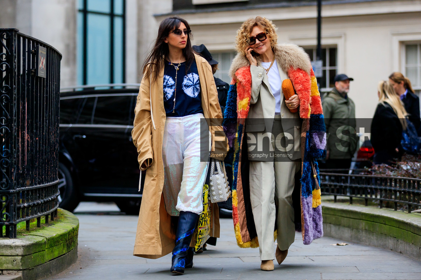 beige coat, beige jacket, beige pants, beige suit, blazer, blue boots, blue t shirt, Fur coat, graphic jacket, high boots, leather bag, leather shoes, multicolor jacket, necklace, orange bag, printed jacket, printed t shirt, shiny pants, sunglasses, trousers, white bag, white pants, white t shirt, yellow bag, LONDON, LFW, fashion week, frenchystyle, FW, jonathan paciullo, street style, AUTUMN WINTER 2019-2020, AW 19-20, FW 19-20, FALL WINTER 2019-2020, horizontal, atmosphere details, full length