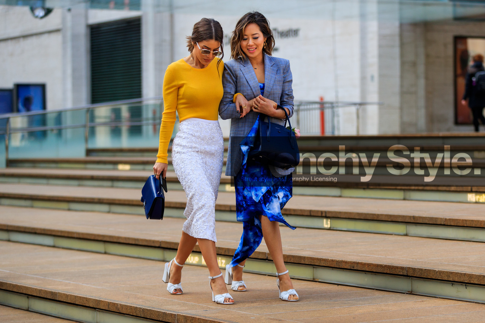 black bag, blazer, blue bag, blue dress, checked, graphic jacket, grey jacket, high heels, lace skirt, leather bag, leather shoes, plaid, printed jacket, sunglasses, white shoes, white skirt, yellow sweater, street style, jonathan paciullo, FW, frenchystyle, fashion week, NYFW, NEW YORK, AUTUMN WINTER 2018-2019, AW 18-19, FALL WINTER 2018-2019, FW 18-19, atmosphere details, horizontal, full length, aimee song, camila coelho