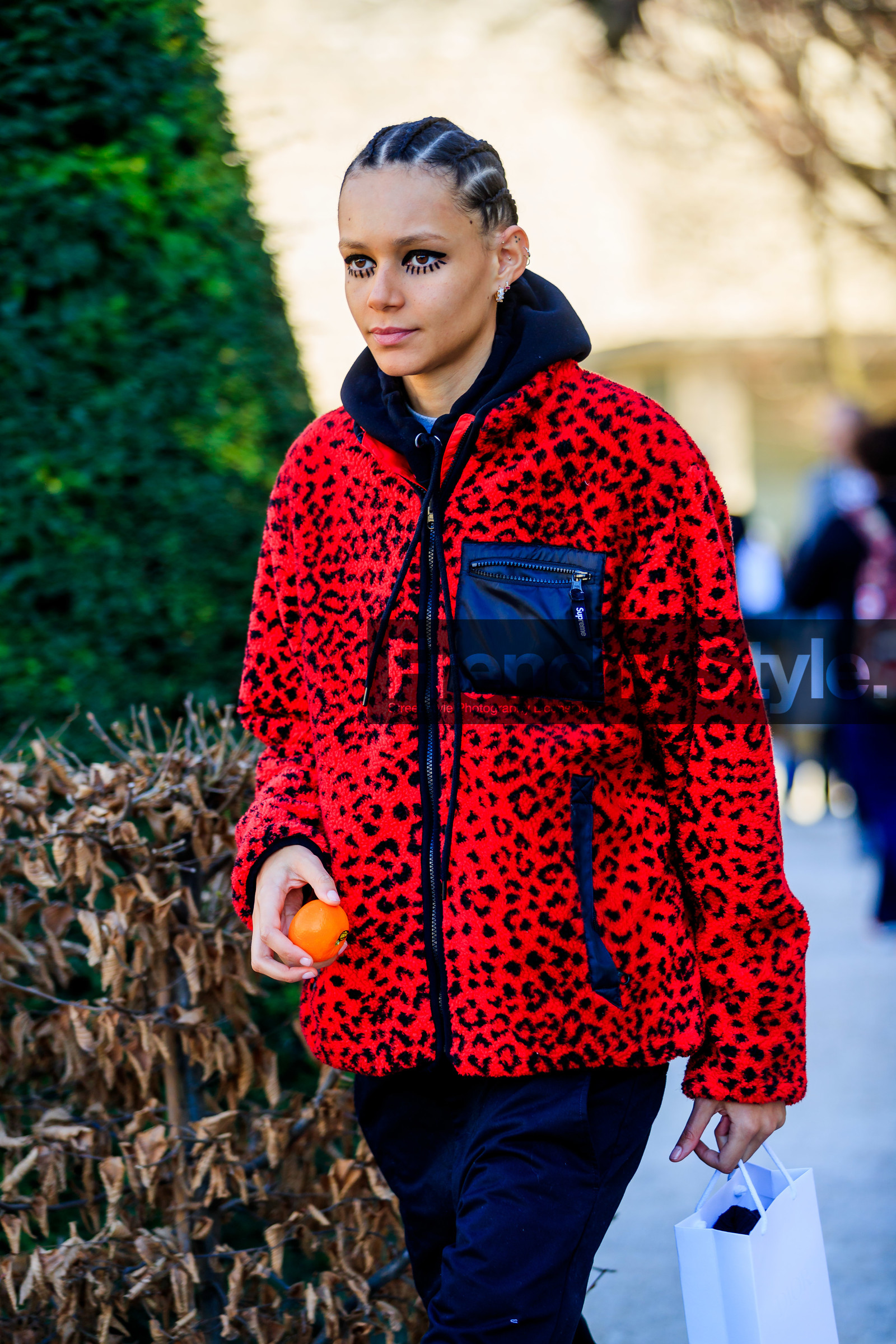 animal print, black pants, braids, earrings, eyeliner, graphic jacket, leona binx walton, leopard, model, printed jacket, red jacket, trousers, PARIS, PFW, street style, jonathan paciullo, FW, frenchystyle, fashion week, AUTUMN WINTER 2019-2020, AW 19-20, FALL WINTER 2019-2020, FW 19-20, vertical, atmosphere details, detail