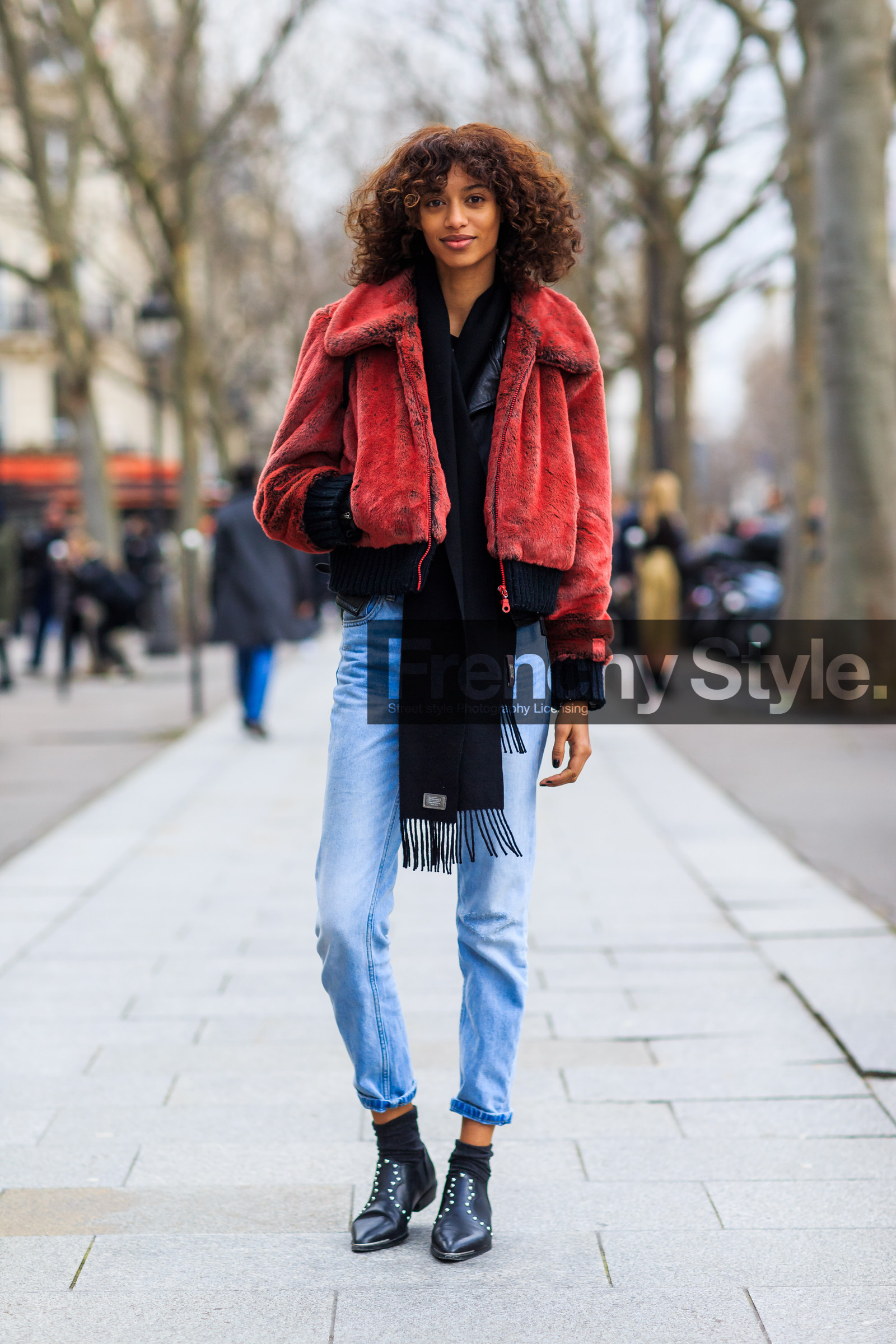 AUTUMN WINTER 2016-2017, AW 16-17, black boots, black scarf, blue denim, coach, curly hair, denim pants, FALL WINTER 2016-2017, fashion week, frenchystyle, full length, fur jacket, FW, FW 16-17, jeans, jonathan paciullo, leather boots, model, PARIS, PFW, red fur, red jacket, street style, studs, trousers, vertical