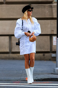 black cap, camera, fashion week, frenchystyle, full length, FW, high boots, jessica mercedes kirschner, jonathan paciullo, mini bag, NEW YORK, NYFW, shirt dress, SPRING SUMMER 2018, SS 18, straw bag, street style, sunglasses, vertical, white boots, white dress