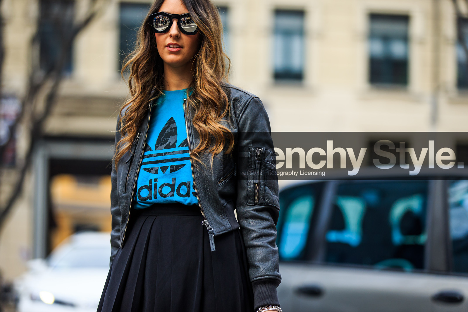 adidas, atmosphere details, AUTUMN WINTER 2016-2017, AW 16-17, black jacket, black skirt, blue t shirt, detail, FALL WINTER 2016-2017, fashion week, frenchystyle, fringes, FW, FW 16-17, high waist, horizontal, jonathan paciullo, leather jacket, LFW, LONDON, MENSWEAR, mirror effect, printed t shirt, street style, sunglasses