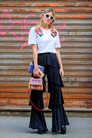 AUTUMN WINTER 2017-2018, AW 17-18, black pants, black shoes, dolce & gabbana, embroidered top, FALL WINTER 2017-2018, fashion week, flower, frenchystyle, full length, fun sunglasses, FW, FW 17-18, high heels, jonathan paciullo, leather bag, leather shoes, MFW, MILAN, multicolor bag, ruffles, sequined top, street style, sunglasses, trousers, vertical, white t shirt