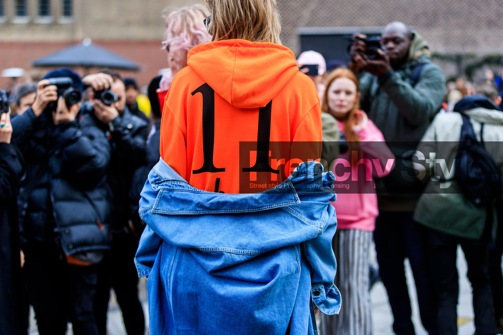 atmosphere details, AUTUMN WINTER 2017-2018, AW 17-18, back detail, denim jacket, detail, FALL WINTER 2017-2018, fashion week, frenchystyle, FW, FW 17-18, hoodie, horizontal, jonathan paciullo, LFW, LONDON, orange sweater, printed sweater, street style