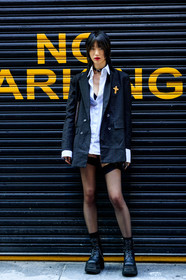black jacket, black shoes, blazer, choker, fashion week, frenchystyle, full length, FW, jonathan paciullo, leather shoes, model, necklace, NEW YORK, NYFW, sora choi, SPRING SUMMER 2018, SS 18, street style, tights, vertical, white shirt