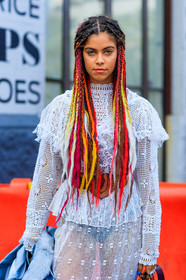 atmosphere details, braids, brown belt, detail, dyed hair, fashion week, frenchystyle, FW, jonathan paciullo, lace shirt, lace skirt, leather belt, long hair, NEW YORK, NYFW, see through, SPRING SUMMER 2018, SS 18, street style, vertical, white shirt, white skirt