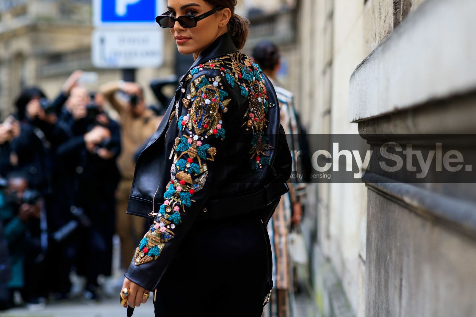 black jacket, black pants, black perfecto, camille charriere, embroidered jacket, glitter, graphic jacket, leather jacket, printed jacket, sequined jacket, shiny jacket, sunglasses, trousers, PARIS, PFW, street style, jonathan paciullo, FW, frenchystyle, fashion week, AUTUMN WINTER 2019-2020, AW 19-20, FALL WINTER 2019-2020, FW 19-20, horizontal, atmosphere details, detail