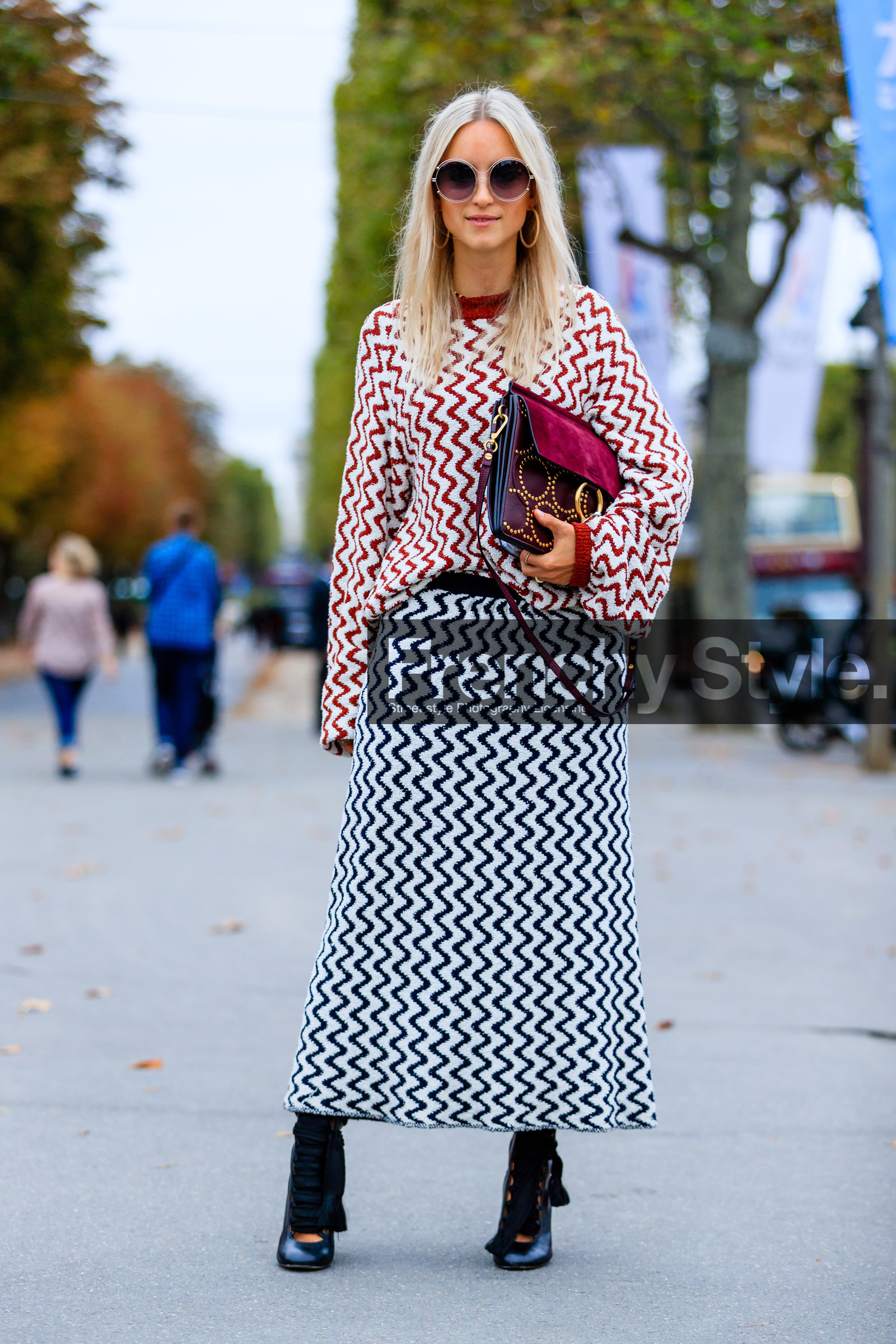 black boots, Charlotte Groeneveld, chloe, fashion week, frenchystyle, full length, FW, geometric, graphic skirt, graphic sweater, high heels, jonathan paciullo, lace up shoes, leather bag, leather shoes, PARIS, PFW, printed skirt, printed sweater, red bag, red sweater, SPRING SUMMER 2017, SS 17, street style, striped skirt, striped sweater, studded bag, suede bag, sunglasses, vertical