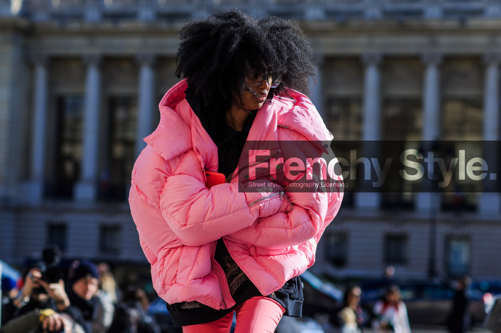 atmosphere details, AUTUMN WINTER 2016-2017, AW 16-17, curly hair, detail, down jacket, FALL WINTER 2016-2017, fashion week, frenchystyle, FW, FW 16-17, horizontal, jonathan paciullo, julia sarr-jamois, oversize, PARIS, PFW, pink jacket, pink pants, street style, trousers