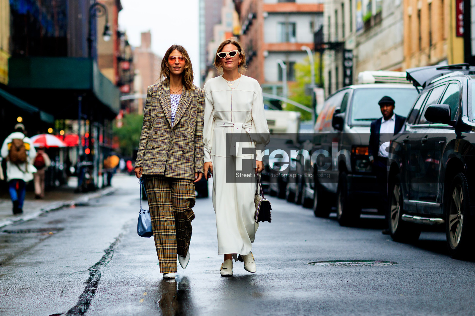 beige bag, checked, graphic jacket, graphic pants, gucci, jen wonders, leather bag, leather shoes, madelynn furlong, monogram, plaid, printed jacket, printed pants, sunglasses, trousers, white belt, white dress, white shoes, beige jacket, blue bag, brown pants, tartan, trousers, street style, jonathan paciullo, FW, frenchystyle, fashion week, NYFW, NEW YORK, SPRING SUMMER 2019, SS 19, atmosphere details, horizontal, full length