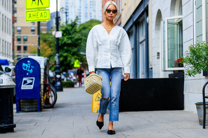 atmosphere details, black mules, blue denim, denim pants, dyed hair, earrings, fashion week, frenchystyle, full length, FW, horizontal, jeans, jonathan paciullo, necklace, NEW YORK, NYFW, SPRING SUMMER 2018, SS 18, straw bag, street style, sunglasses, trousers, vanessa hong, white shirt