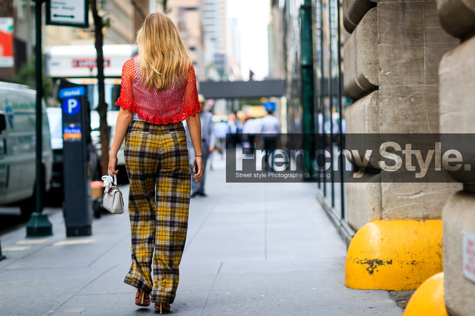 atmosphere details, back detail, checked pants, chloe king, embroidered bag, fashion week, fishnet, frenchystyle, full length, FW, high heels, horizontal, jonathan paciullo, leather bag, leather shoes, NEW YORK, NYFW, plaid, printed pants, red top, SPRING SUMMER 2018, SS 18, street style, sunglasses, tartan, trousers