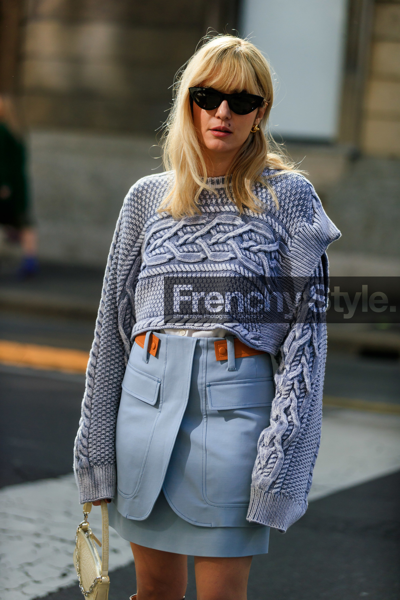 eleonora carisi, black sunglasses, eyecat sunglasses, light blue skirt, light blue pullover, cropped pullover, camel leather skirt, mini skirt, white leather bag, hand bag, animal skin bag, mini bag, sportmax skirt, button skirt, fashion week, frenchystyle, FW, jonathan paciullo, street style, MFW, MILAN, AUTUMN WINTER 2020-2021, FALL WINTER 2020-2021, FW 20-21, vertical, atmosphere details, detail