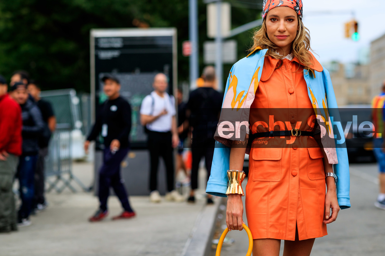 black belt, blue jacket, bracelet, christian dior, golden jewelry, headscarf, jacquemus, leather bag, leather belt, leather dress, leather shoes, orange dress, over the shoulder, pink jacket, pink scarf, red lips, watch, yellow bag, street style, jonathan paciullo, FW, frenchystyle, fashion week, NEW YORK, NYFW, SPRING SUMMER 2020, SS 20, horizontal, atmosphere details, detail