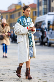 AUTUMN WINTER 2016-2017, AW 16-17, blue jacket, blue skirt, brown boots, chinese print, FALL WINTER 2016-2017, fashion week, frenchystyle, full length, FW, FW 16-17, high heels, jenny walton, jonathan paciullo, lace skirt, lace up shoes, leather boots, LFW, LONDON, MENSWEAR, off the shoulder, satin, street style, vertical, white coat