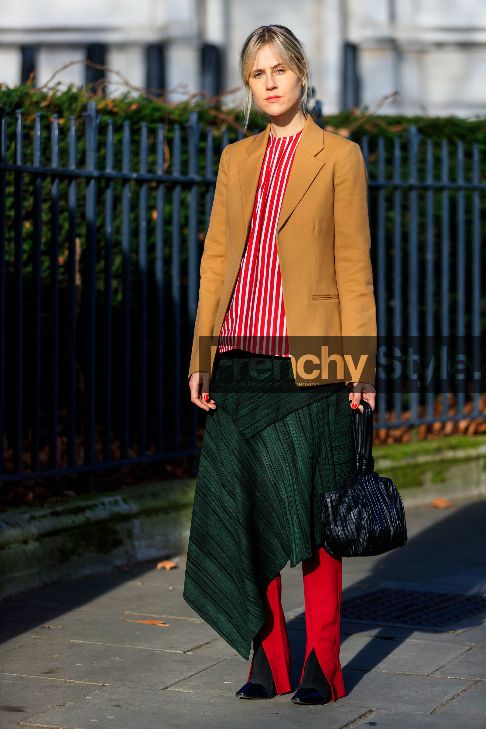 black bag, black shoes, camel jacket, graphic skirt, graphic top, green skirt, high heels, leather bag, leather shoes, linda tol, printed skirt, printed top, red pants, red top, stripes, LONDON, LFW, fashion week, frenchystyle, FW, jonathan paciullo, street style, AUTUMN WINTER 2019-2020, AW 19-20, FW 19-20, FALL WINTER 2019-2020, vertical, full length