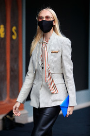 white jacket, striped blouse, striped jacket, lavalliere collar, red blouse, metalic frame glasses, smoked sunglasses, blue leather clutch, green blouse, covid face mask, PARIS, PFW, fashion week, frenchystyle, FW, jonathan paciullo, street style, SPRING SUMMER 2021, SS 21, vertical, atmosphere details, detail