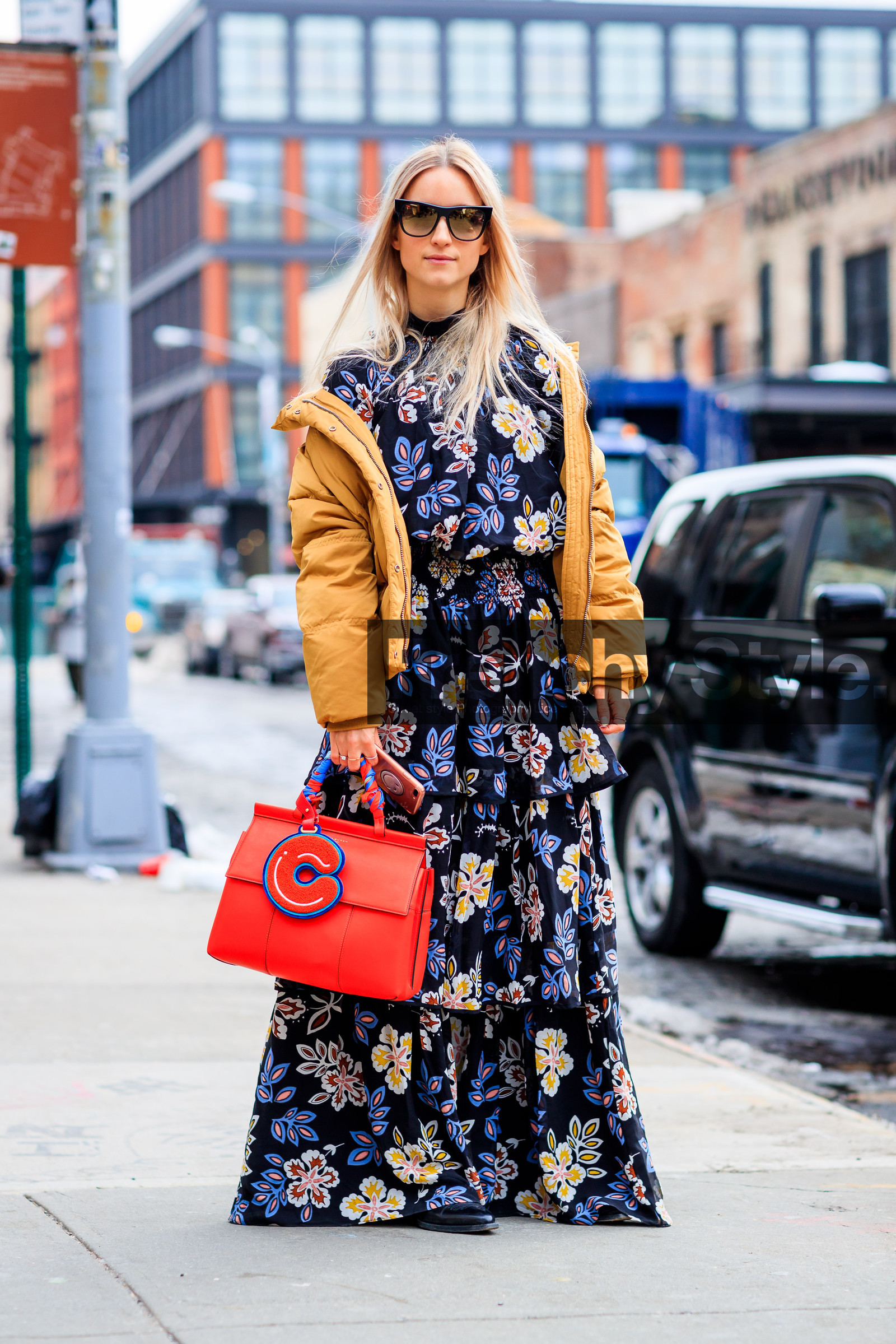 AUTUMN WINTER 2017-2018, AW 17-18, Charlotte Groeneveld, down jacket, FALL WINTER 2017-2018, fashion week, floral, flower, frenchystyle, full length, FW, FW 17-18, jonathan paciullo, leather bag, long dress, NEW YORK, NYFW, printed bag, printed dress, purple dress, red bag, street style, sunglasses, tory burch, vertical, yellow jacket