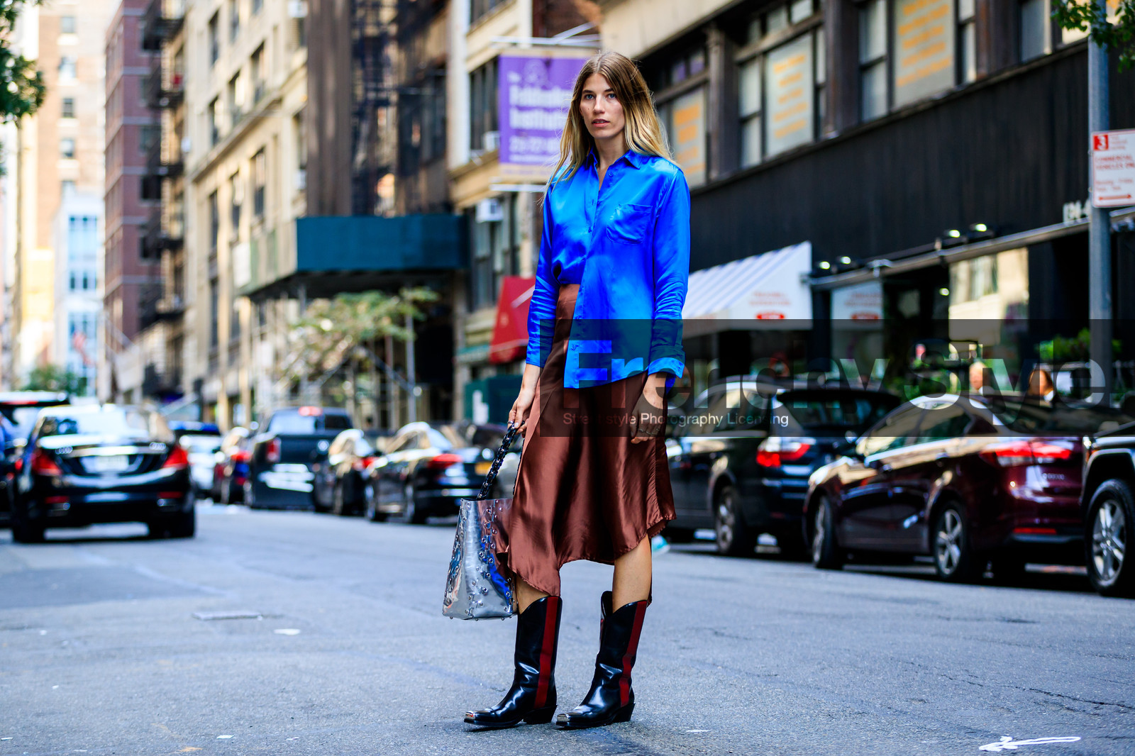 atmosphere details, black boots, black shoes, blue shirt, brown skirt, calvin klein, fashion week, frenchystyle, full length, FW, horizontal, jonathan paciullo, leather bag, leather shoes, NEW YORK, NYFW, shiny bag, silk shirt, silver bag, SPRING SUMMER 2018, SS 18, street style, tucked in, veronika heilbrunner