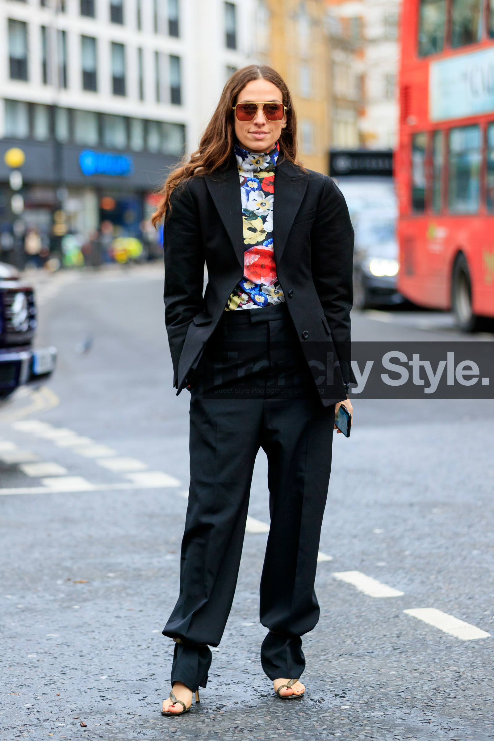 erika boldrin, black jacket, black pants, black suits, floral printed top, turtleneck top, multicolor top, aviator sunglasses, metalic frame sunglasses, smoked sunglasses, animal skin sandals, kaki leather sandals, fashion week, frenchystyle, FW, jonathan paciullo, street style, LFW, LONDON, AUTUMN WINTER 2020-2021, FALL WINTER 2020-2021, FW 20-21, vertical, full length