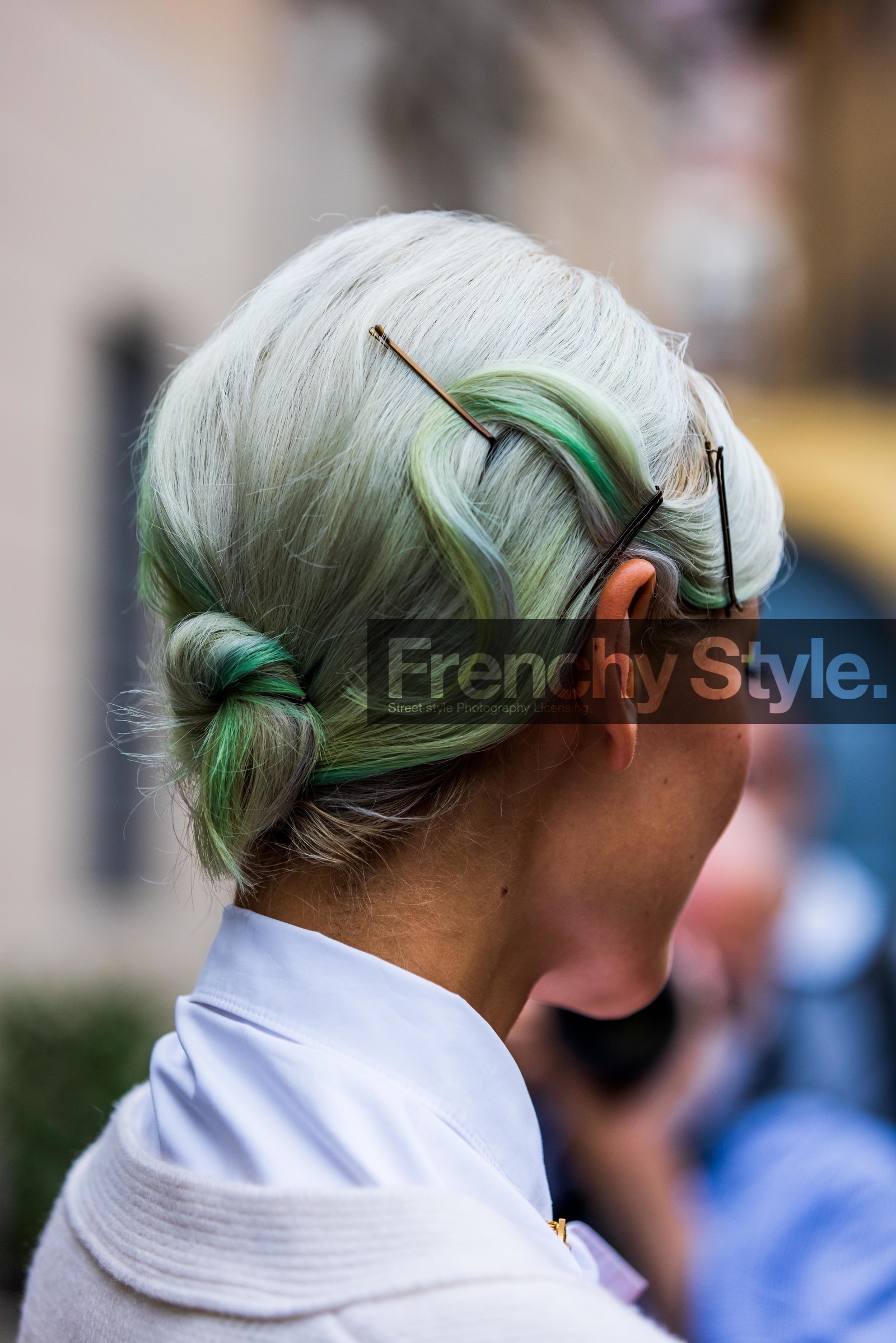 Amalie Gassmann, bun, detail, fluo green, green hair, hairstyle, makeup, pins, fashion week, frenchystyle, FW, jonathan paciullo, street style, SPRING SUMMER 2022, SS 22, MFW, MILAN, vertical, atmosphere details