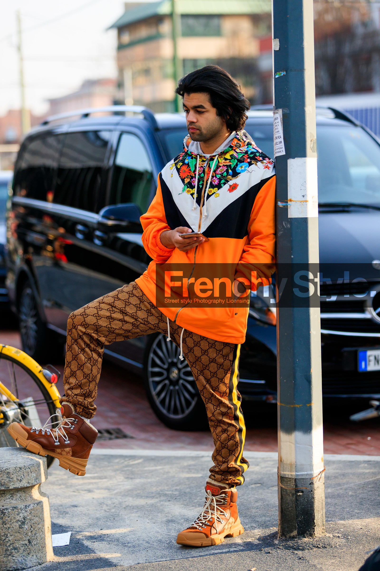 brown boots, brown pants, checked, floral, flowers, graphic jacket, graphic pants, gucci, leather shoes, monogram, orange jacket, plaid, printed jacket, printed pants, trousers, fashion week, frenchystyle, FW, jonathan paciullo, street style, MFW, MILAN, AUTUMN WINTER 2019-2020, AW 19-20, FALL WINTER 2019-2020, FW 19-20, vertical, full length