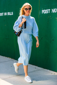 black bag, blue skirt, blue sweater, fashion week, frenchystyle, full length, FW, jonathan paciullo, leather bag, NEW YORK, NYFW, SPRING SUMMER 2018, SS 18, street style, sunglasses, vertical, white sneakers