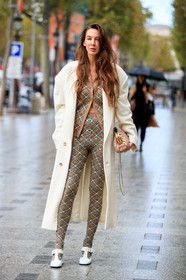 estelle pigault, miu miu bag, miu miu cardigan, miu miu pants, miu miu look, white coat, oversize coat, beige cardigan, beige pants, legging pants, knit pants, knitwear, white polish shoes, polish shoes, white shoes, nude leather bag, nude leather clutch, beige leather bag, beige leather clutch, golden strap bag, miu miu shoes, PARIS, PFW, fashion week, frenchystyle, FW, jonathan paciullo, street style, SPRING SUMMER 2021, SS 21, vertical, full length