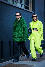printed hoodie, black pants, black boots, leather boots, cropped hoodie, fluo green hoodie, crossed laces top, animal print fluo look, black sunglasses, fluo green pants, alice barbier, JS roques, alice & j.s, fashion week, frenchystyle, FW, jonathan paciullo, street style, vertical, full length