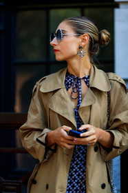 erika boldrin, jenny walton, beige coat, black and white, checked, earrings, graphic dress, plaid, printed dress, red lips, sunglasses, trench coat, fashion week, frenchystyle, FW, jonathan paciullo, street style, LFW, LONDON, SPRING SUMMER 2019, SS 19, vertical, detail, atmosphere details