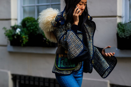 embroidered jacket, graphic jacket, hood, leather bag, printed jacket, trousers, white fur, fashion week, frenchystyle, FW, jonathan paciullo, street style, LFW, LONDON, AUTUMN WINTER 2018-2019, AW 18-19, FALL WINTER 2018-2019, FW 18-19, horizontal, atmosphere details, detail