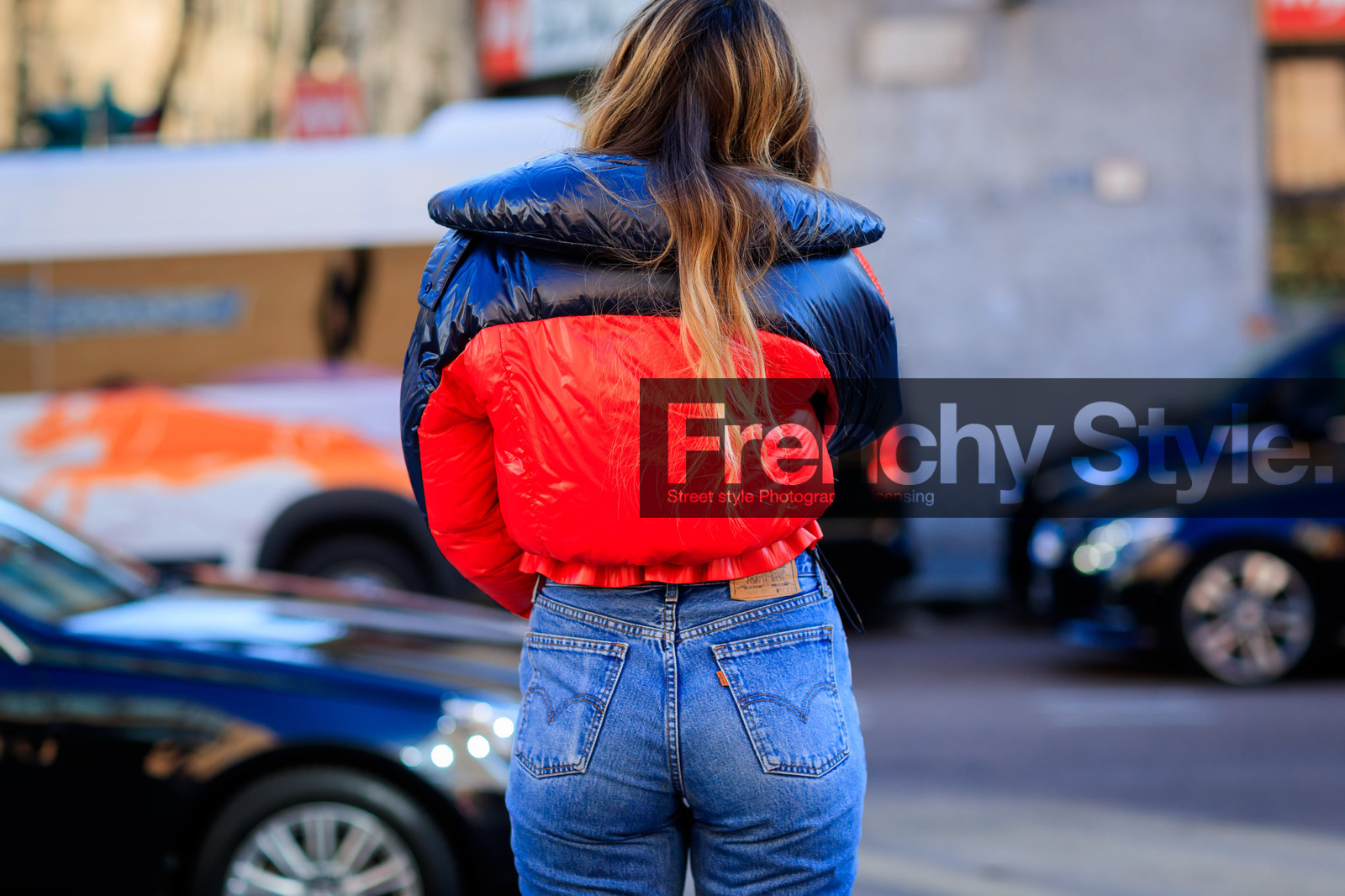 atmosphere details, AUTUMN WINTER 2017-2018, AW 17-18, back detail, blue denim, denim pants, detail, FALL WINTER 2017-2018, fashion week, frenchystyle, FW, FW 17-18, graphic jacket, horizontal, jeans, jonathan paciullo, MFW, MILAN, printed jacket, red jacket, street style, trousers