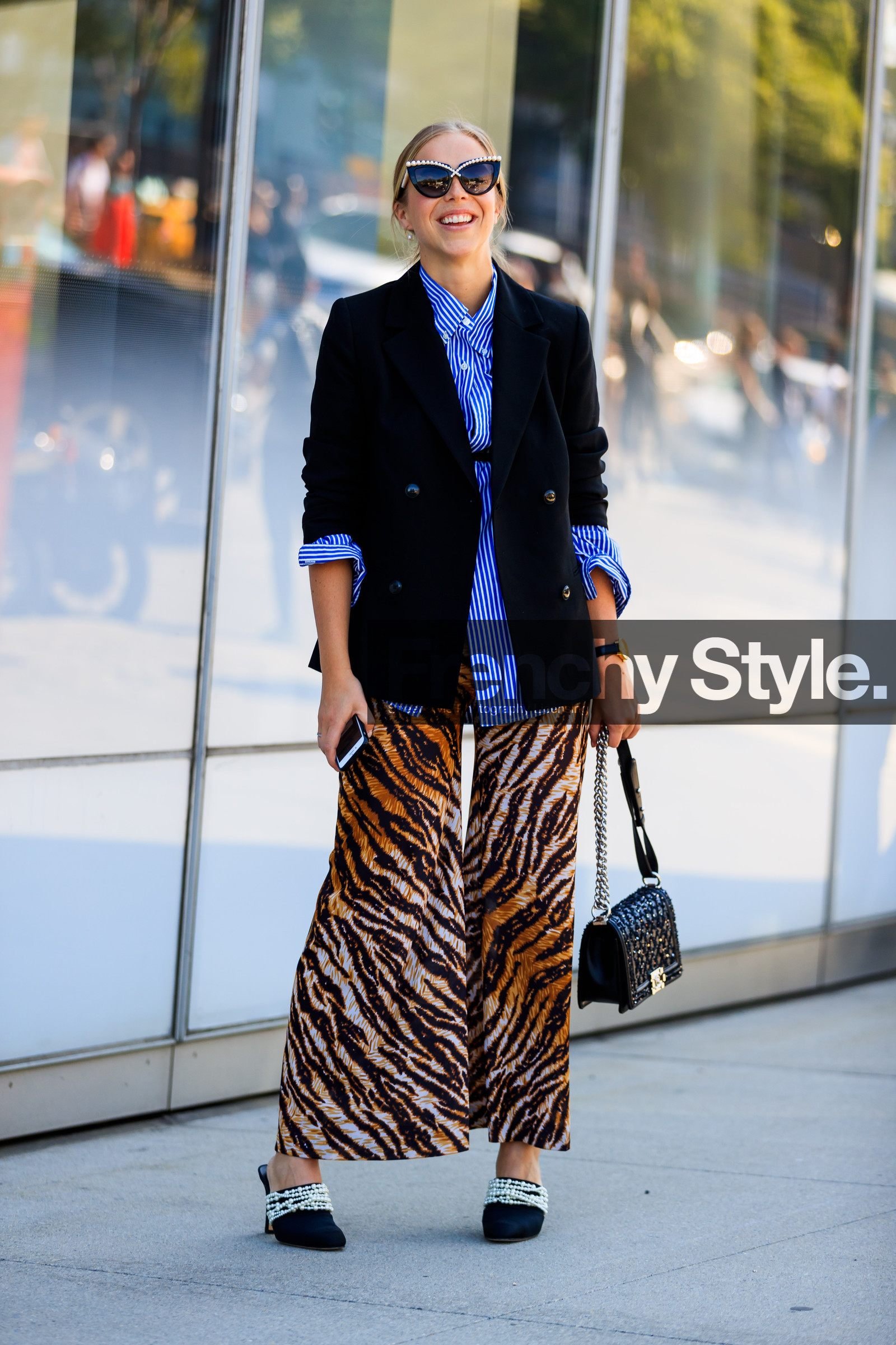 animal print, black bag, black bra, black jacket, black shoes, blazer, blue shirt, brown pants, chanel, chloe king, fashion week, frenchystyle, full length, FW, graphic pants, graphic shirt, high heels, jonathan paciullo, leather bag, leather shoes, NEW YORK, NYFW, printed pants, printed shirt, SPRING SUMMER 2018, SS 18, street style, striped shirt, sunglasses, trousers, vertical, zebra