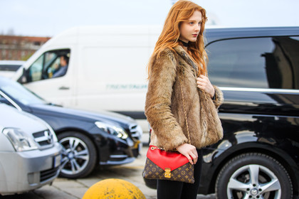 atmosphere details, AUTUMN WINTER 2016-2017, AW 16-17, brown bag, brown fur, brown jacket, choker, detail, FALL WINTER 2016-2017, fashion week, frenchystyle, fur jacket, FW, FW 16-17, horizontal, jonathan paciullo, leather bag, LFW, LONDON, long hair, louis vuitton, MENSWEAR, model, monogram, necklace, printed bag, red head, street style