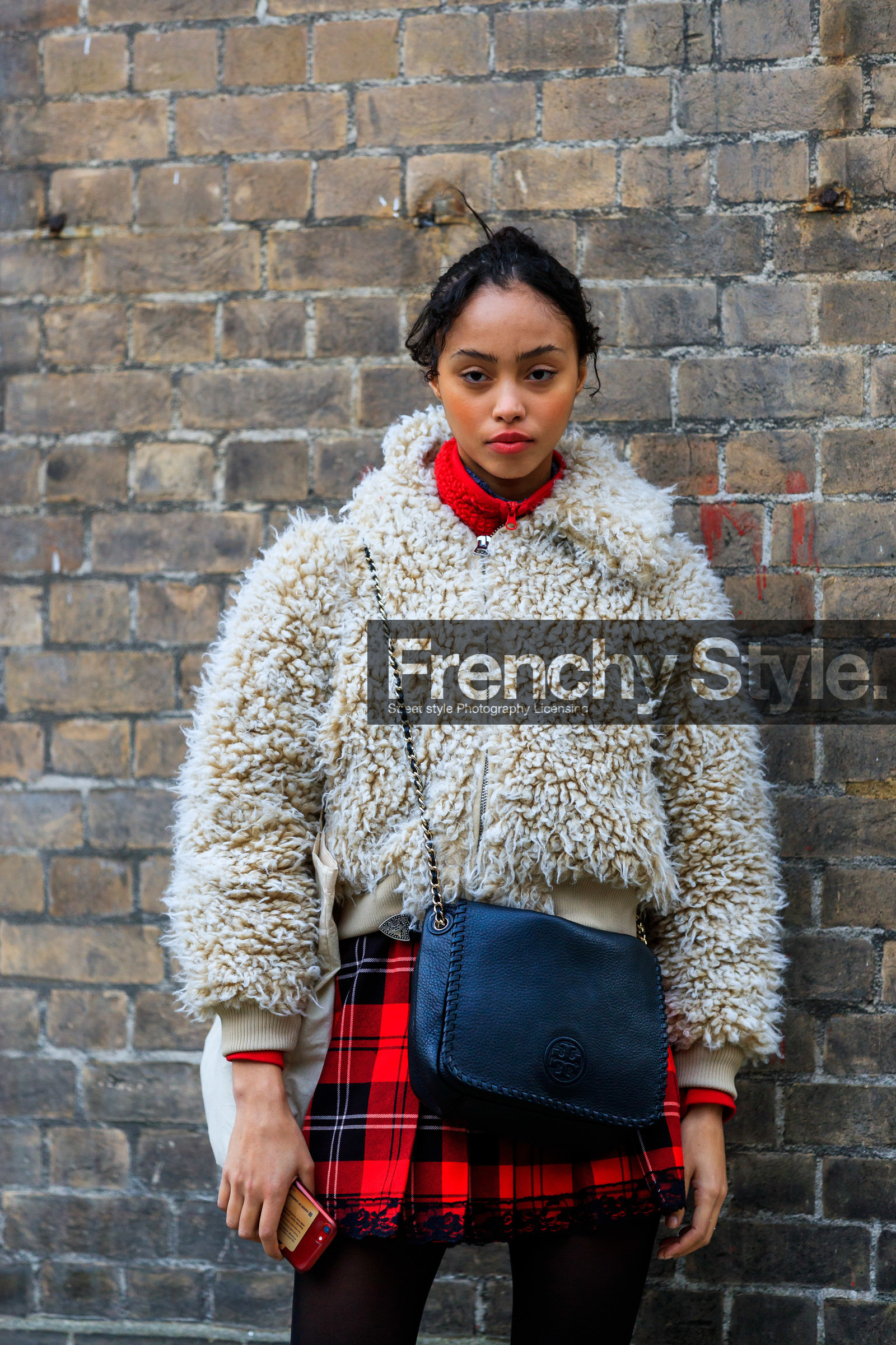 beige fur, beige jacket, black bag, checked, fur jacket, graphic skirt, leather bag, model, plaid, pleated skirt, printed skirt, red skirt, shearling, tartan, tights, tory burch, LONDON, LFW, fashion week, frenchystyle, FW, jonathan paciullo, street style, AUTUMN WINTER 2019-2020, AW 19-20, FW 19-20, FALL WINTER 2019-2020, vertical, atmosphere details, detail